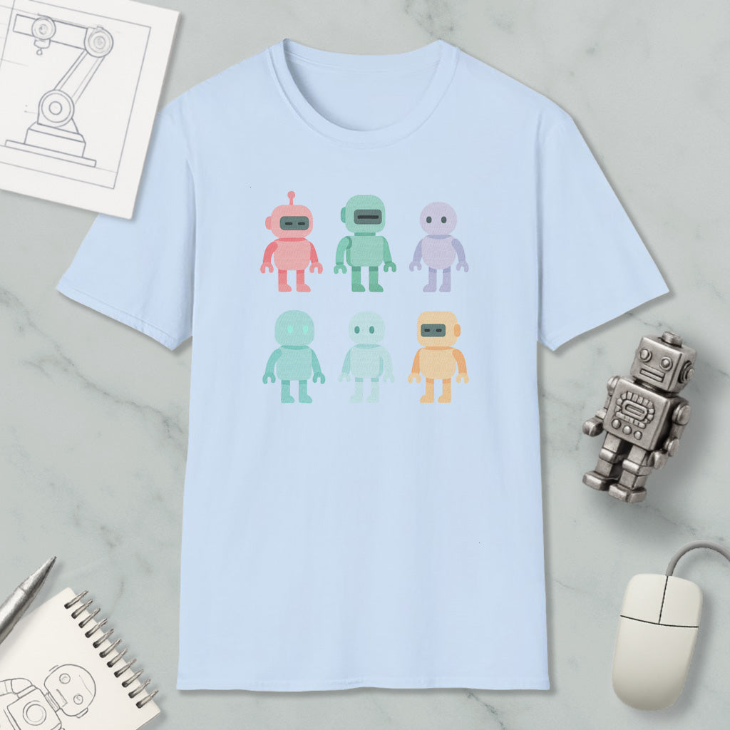 a light blue t-shirt with a graphic design of six colorful robot characters on it, along with various objects such as a computer mouse, a notebook, and a pen.