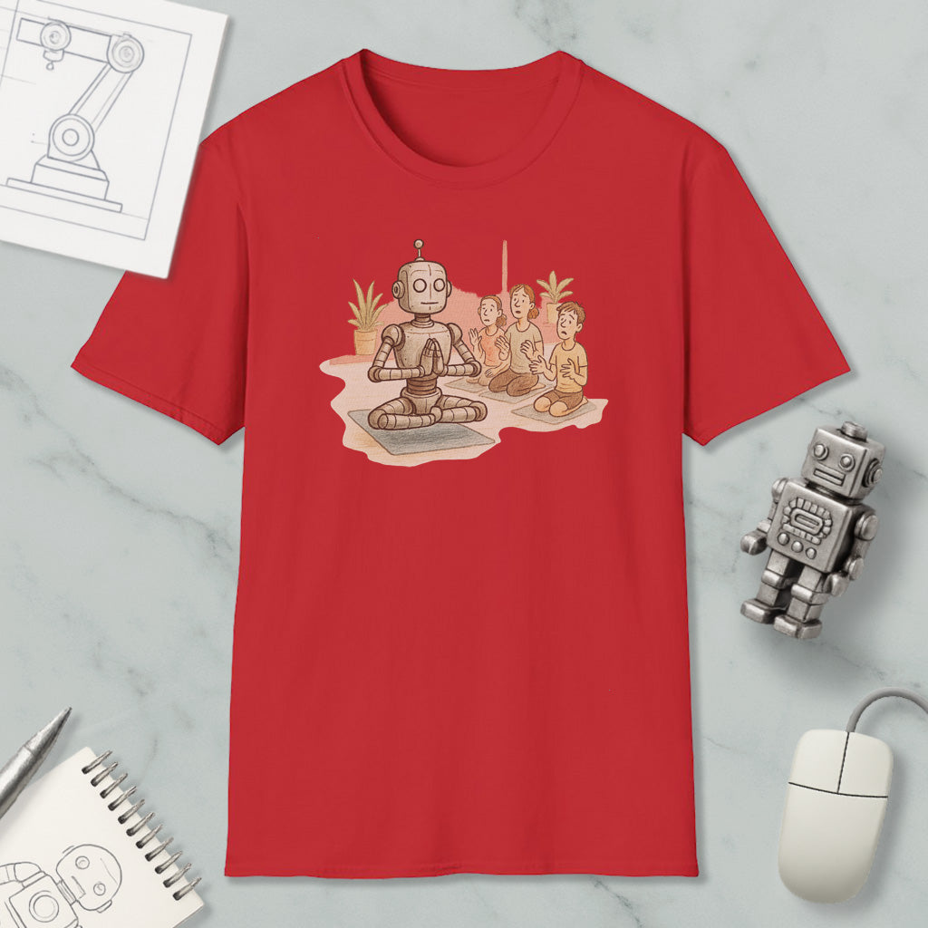 a red t-shirt with a cartoon illustration of a robot sitting in a meditative pose, surrounded by three smaller figures. The t-shirt is placed on a marble surface, with a computer mouse, a pen, and a notebook nearby.