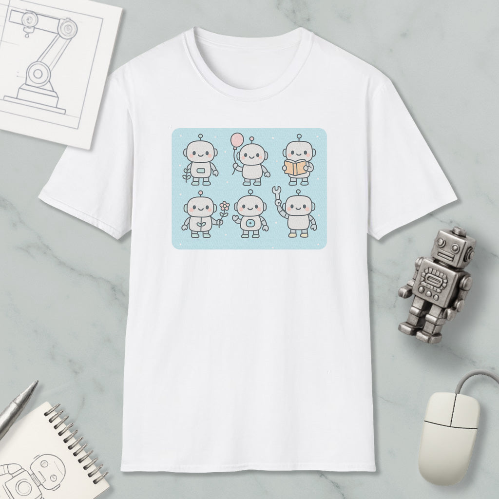 a white t-shirt with a graphic design of six cute robot characters on it, along with a computer mouse and a notebook.