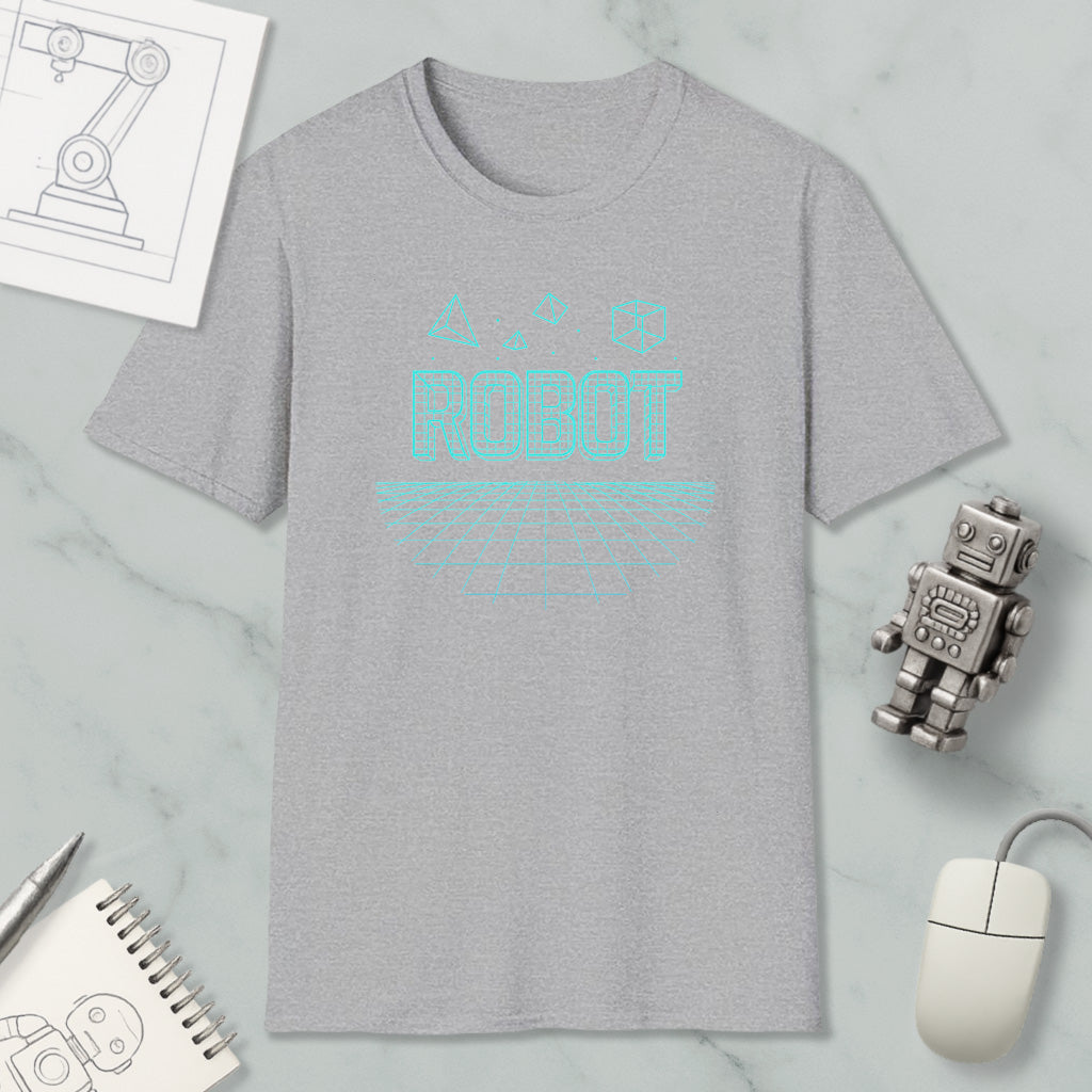 a gray t-shirt with a graphic design, a small robot, a computer mouse, and a notebook on a marble surface.