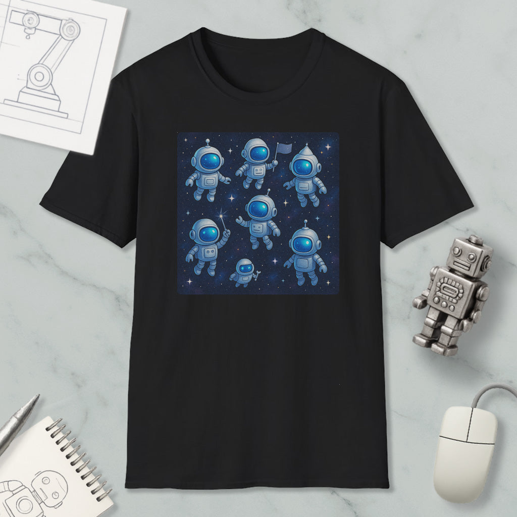 a black t-shirt with a graphic design of eight cartoon-like astronaut figures in a space-themed setting, surrounded by stars. The t-shirt is displayed on a marble surface, along with a computer mouse, a notepad, and a small robot figurine.