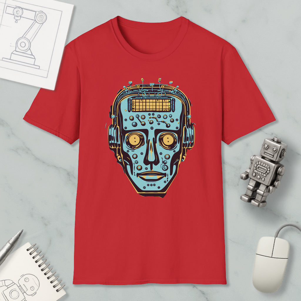a red t-shirt with a graphic design of a robot or robot-like figure, along with various objects such as a computer mouse, a pen, and a notebook.