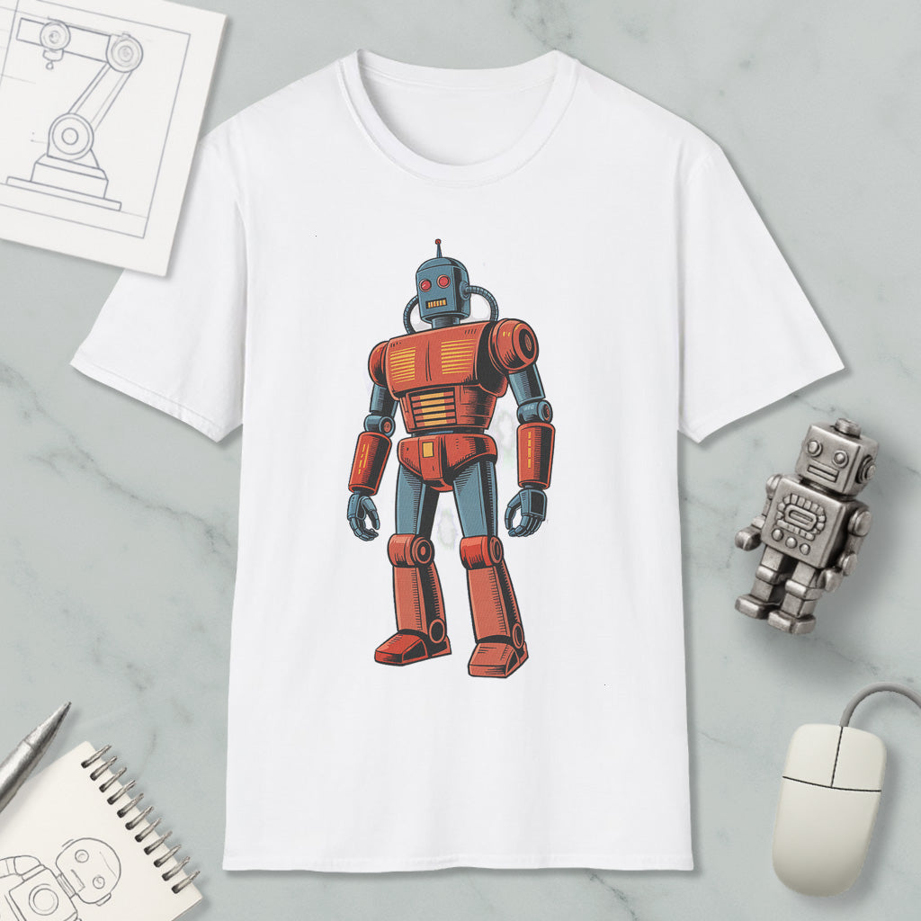 a white t-shirt with a colorful illustration of a robot, along with various objects such as a computer mouse, a notebook, and a pen.