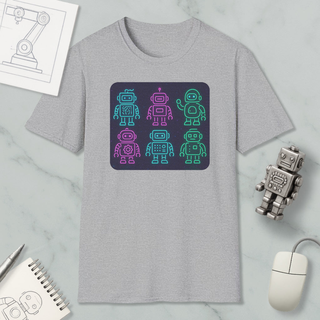 a gray t-shirt with a graphic design of six colorful robot icons arranged in a square pattern. The t-shirt is placed on a marble surface, surrounded by various objects such as a computer mouse, a notebook, and a pen.