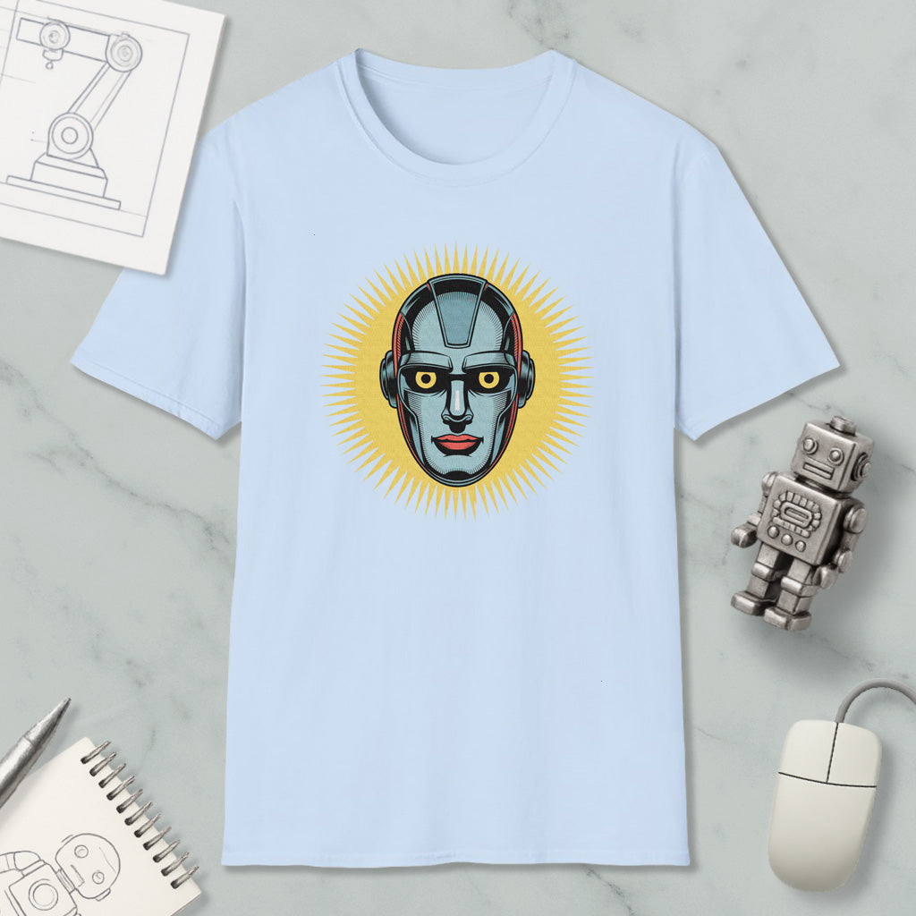 a light blue t-shirt with a graphic design of a robot's face, surrounded by various objects such as a computer mouse, a notebook, and a robot figurine.