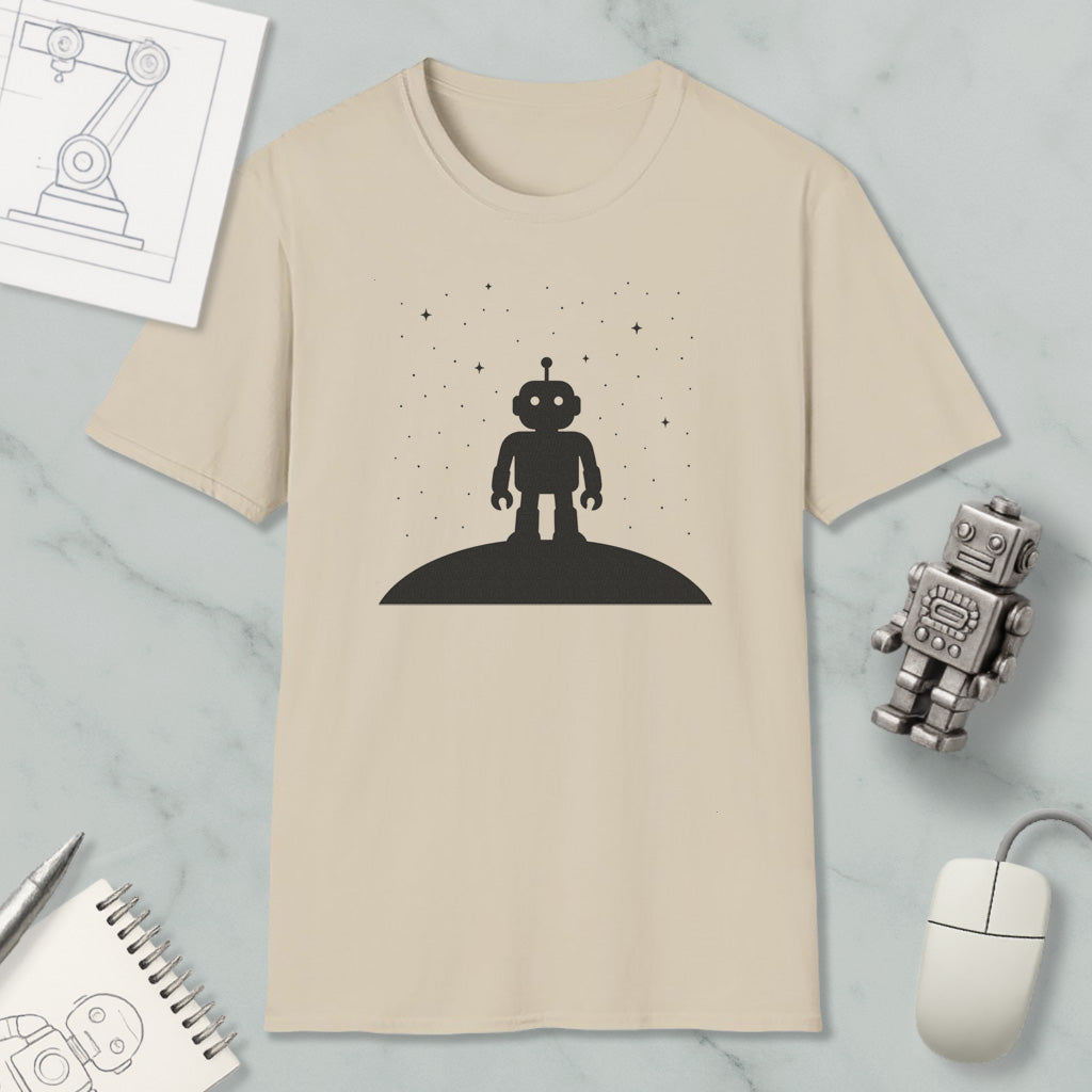a beige t-shirt with a black silhouette of a robot standing on a hill, surrounded by stars, and a small robot figurine.