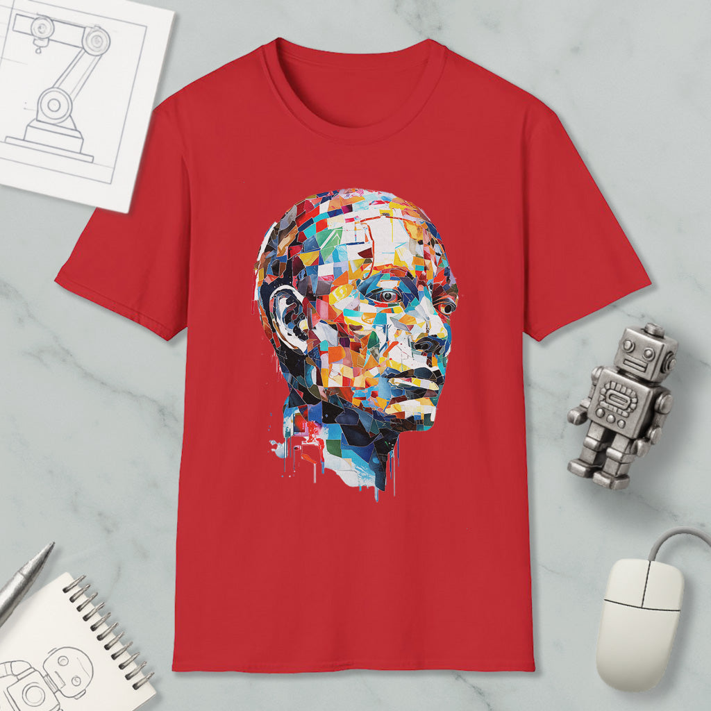 a red t-shirt with a colorful, abstract portrait of a man's face, along with various objects such as a computer mouse, a robot, and a notebook.