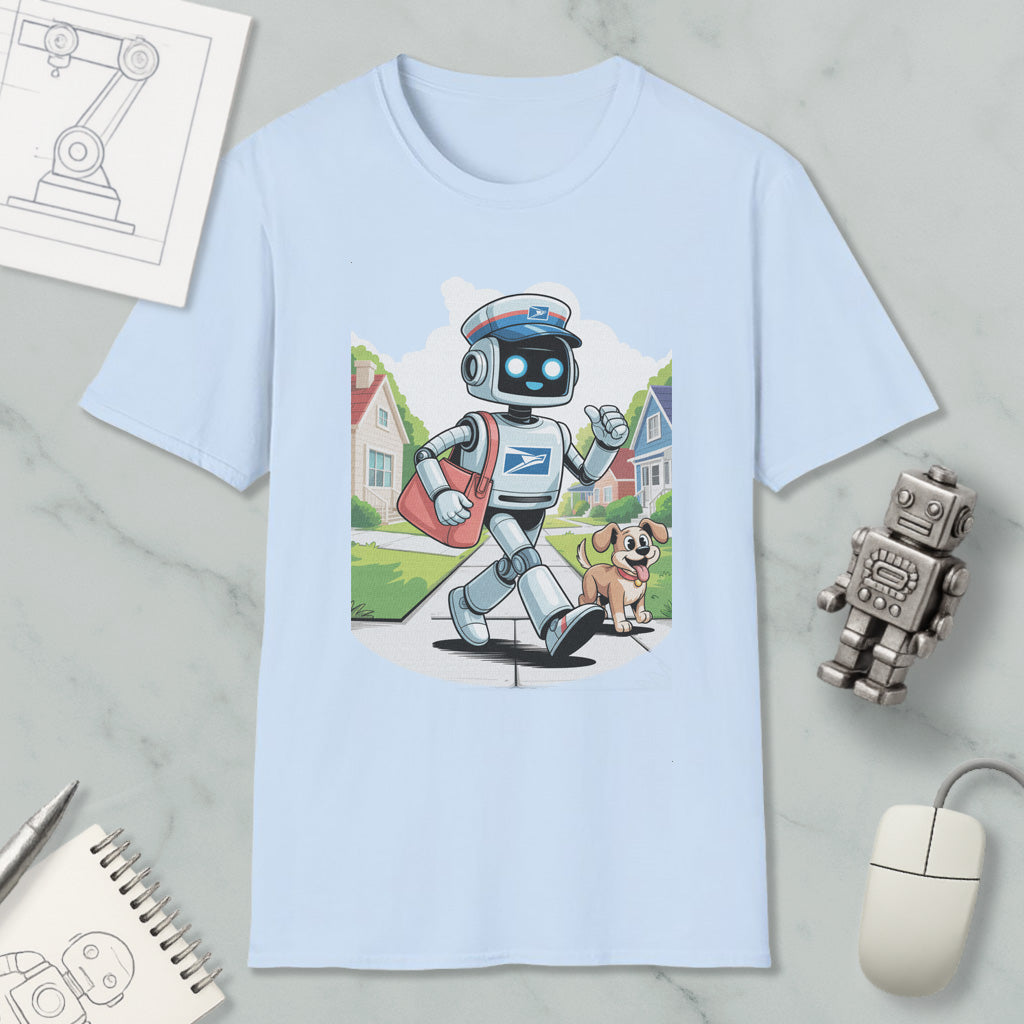 A light blue t-shirt with a cartoon robot character and a dog, along with various objects such as a computer mouse, a pen, and a notebook.