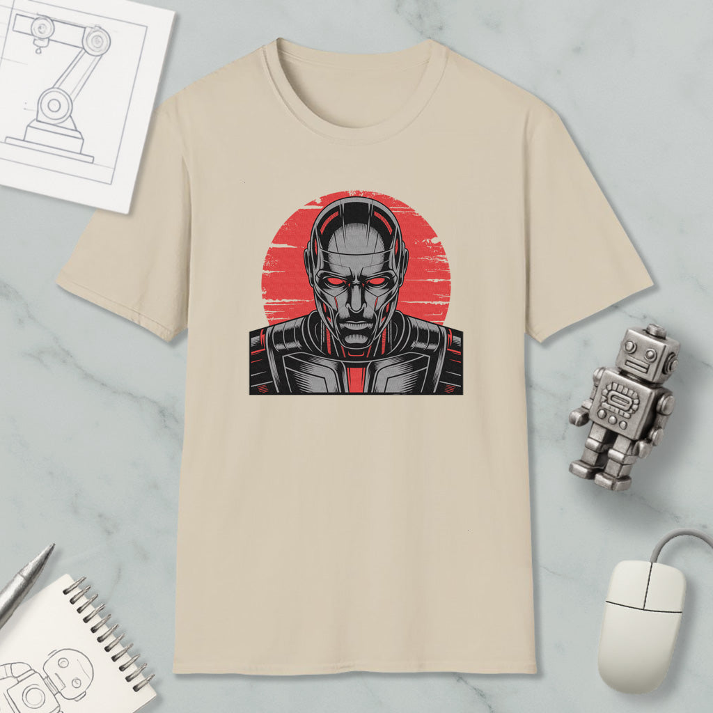 a beige t-shirt with a graphic design depicting a robot or cyborg-like figure, along with various office supplies and a computer mouse.