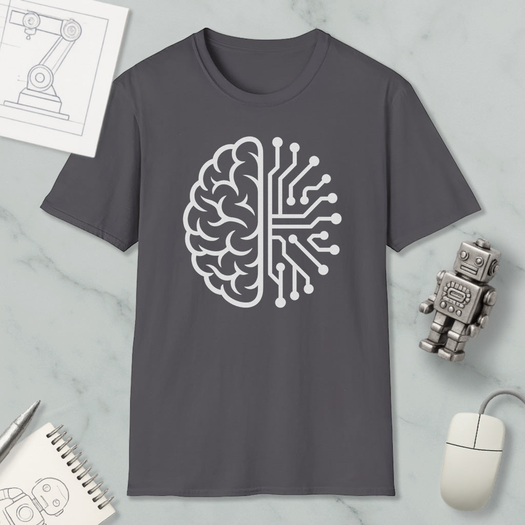 a gray t-shirt with a white graphic design depicting a brain and a circuit board, along with a computer mouse and a robot figurine.