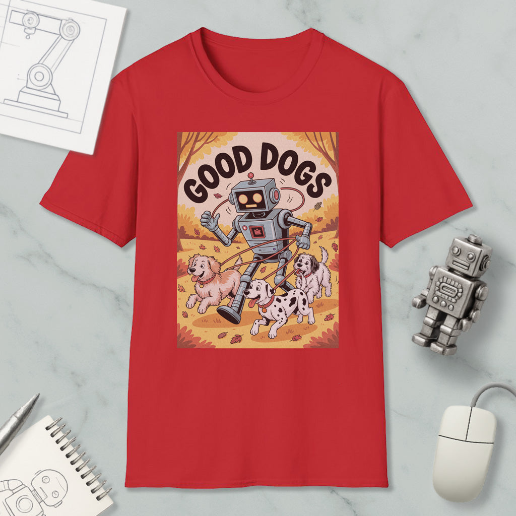 a red t-shirt with a cartoon robot walking with two dogs, accompanied by the text "GOOD DOGS".