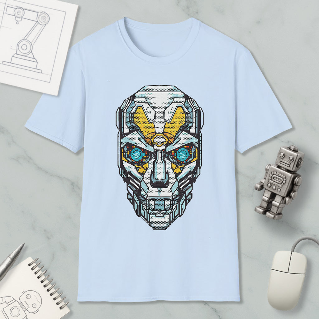 a light blue t-shirt with a graphic design of a robot or cyborg head, along with various objects such as a computer mouse, a notebook, and a pen.
