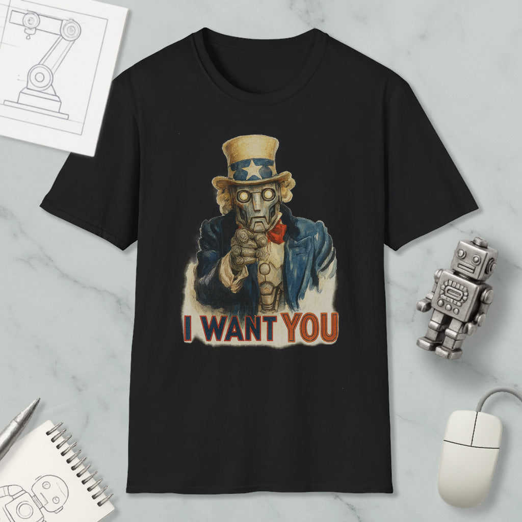 a black t-shirt with a graphic design depicting a robot character and the text "I WANT YOU" printed on it.