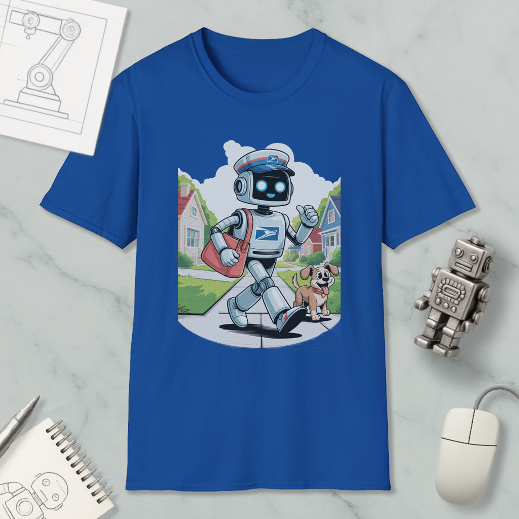 A blue t-shirt with a cartoon robot and a dog walking together, along with a computer mouse and a notebook.