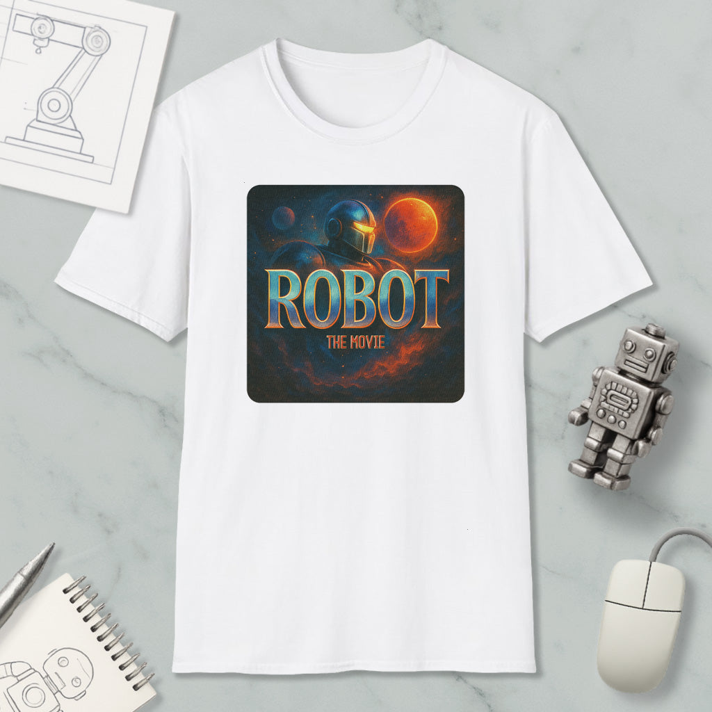a white t-shirt with a graphic design depicting a robot and a space scene, along with the text "ROBOT THE MOVIE".
