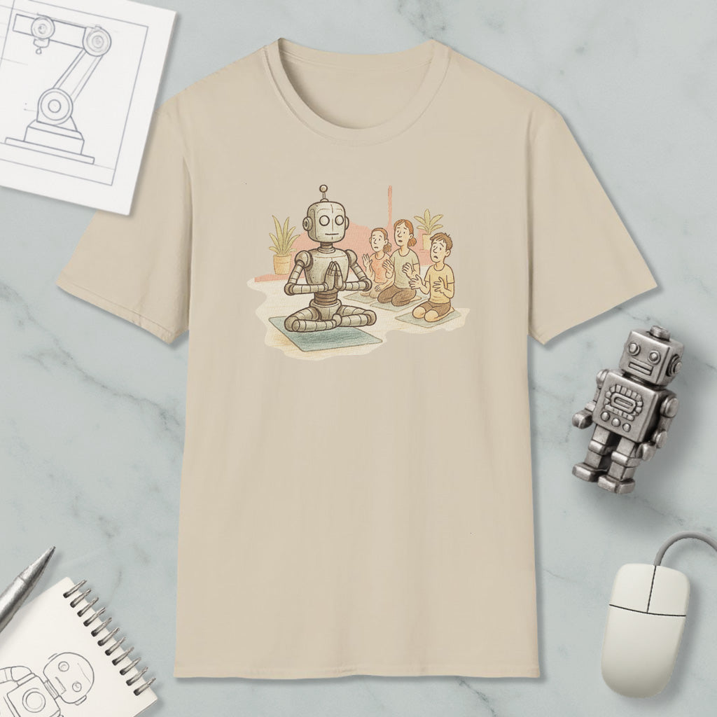 A t-shirt with a cartoon illustration of a robot sitting in a meditative pose, surrounded by three human-like figures, on a marble surface.