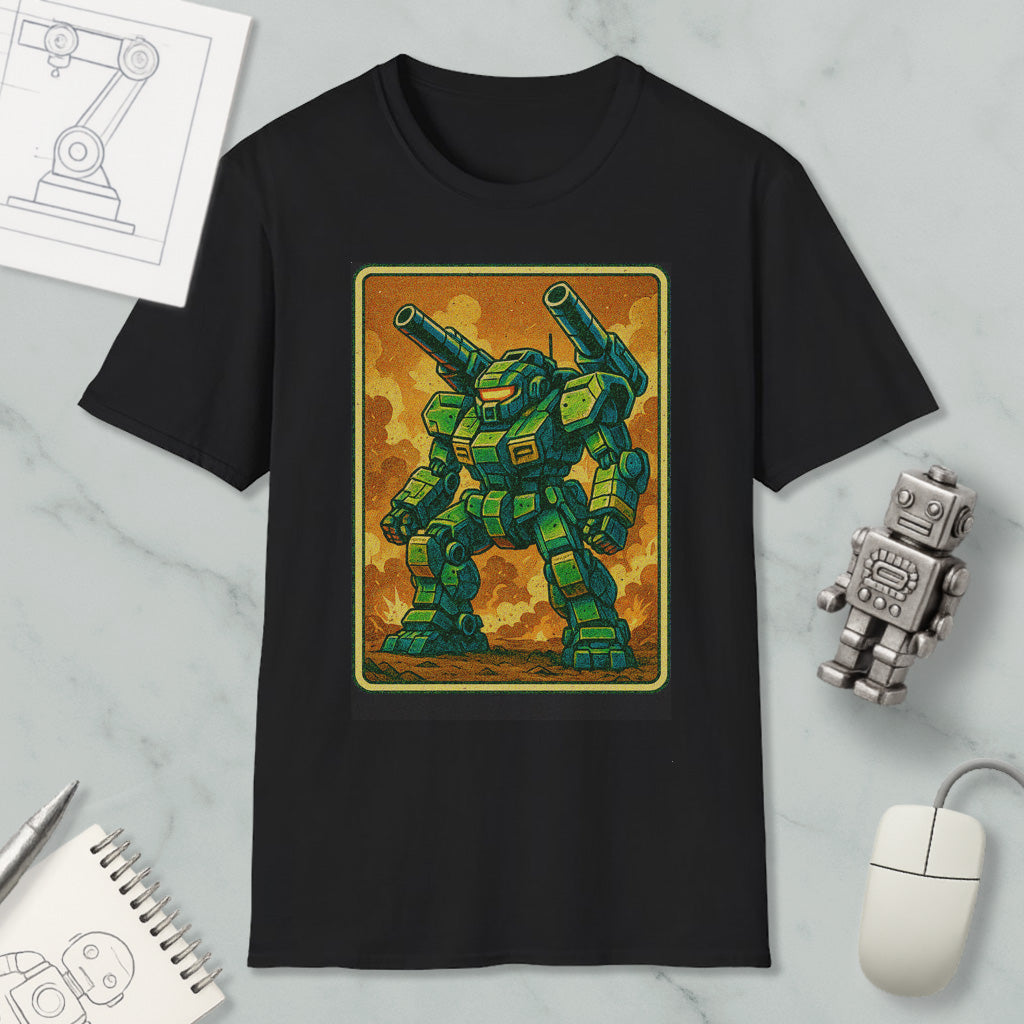 a black t-shirt with a graphic of a green robot or mechanical figure, along with a small robot toy and a computer mouse.