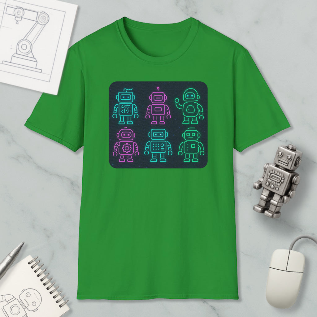 a green t-shirt with a graphic design of six robot characters in various poses, along with a computer mouse and a notebook on a marble surface.