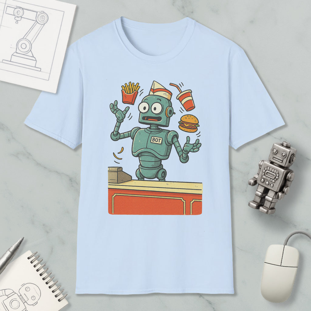 A light blue t-shirt with a cartoon robot character and various food items, such as french fries and a hamburger, surrounding it.