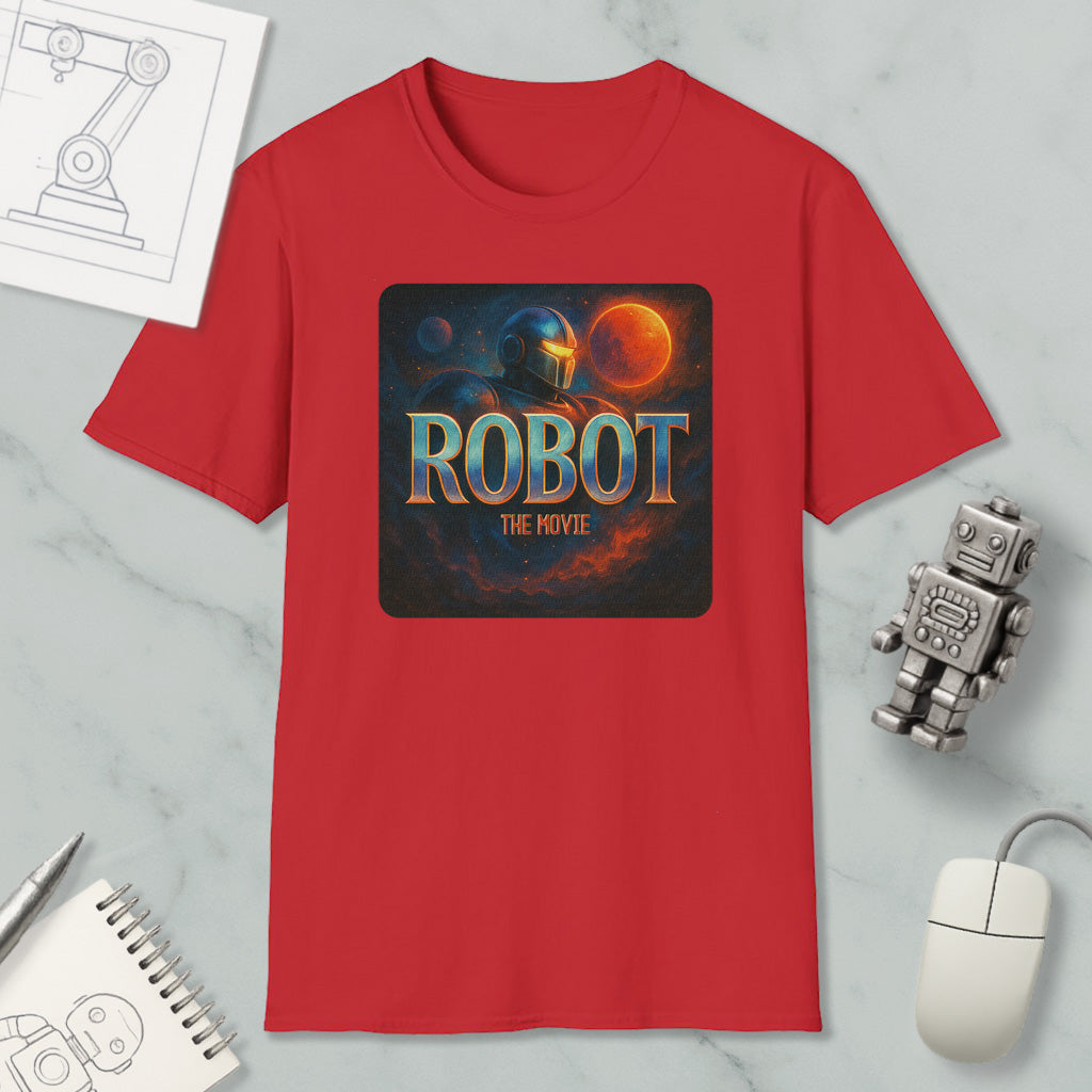 a red t-shirt with a graphic design depicting a robot in space, along with the text "ROBOT THE MOVIE".