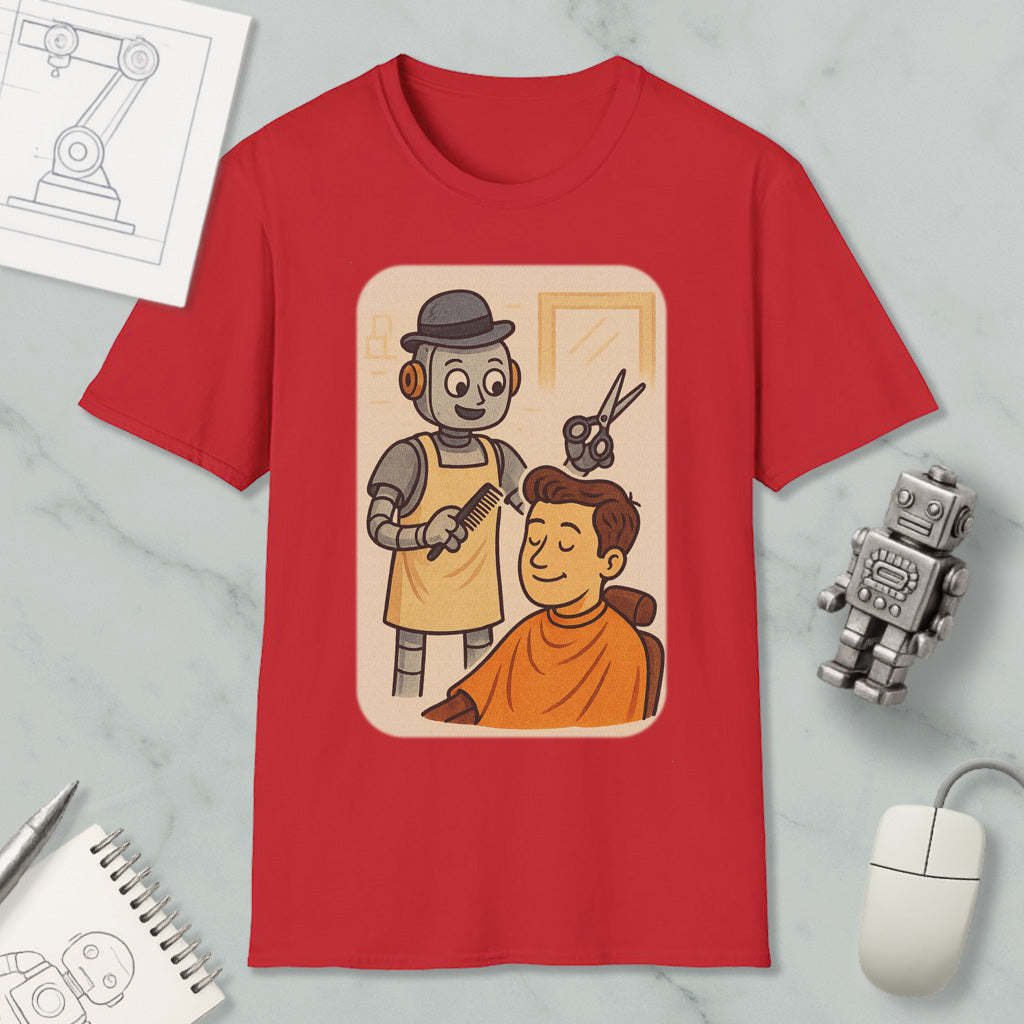 a red t-shirt with an illustration of a robot giving a haircut to a man. The t-shirt is surrounded by various objects, including a computer mouse, a notebook, and a robot figurine.