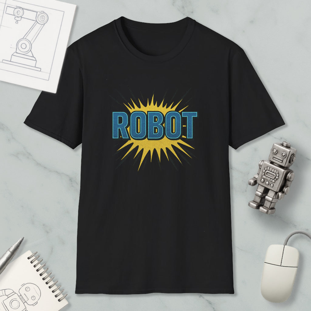 a black t-shirt with a graphic design of a robot and the word "ROBOT" prominently displayed on it. The t-shirt is placed on a marble surface, surrounded by various objects such as a computer mouse, a notebook, and a small robot figurine.