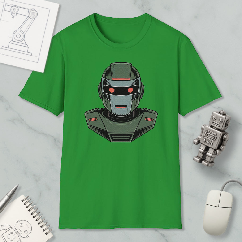 a green t-shirt with a graphic of a robot or robot-like character on it, along with a computer mouse and a notebook.