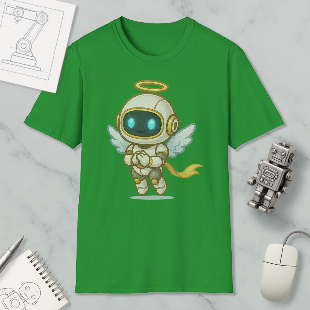 a green t-shirt with a cartoon illustration of a winged robot or angel-like character, along with various objects such as a computer mouse, a notebook, and a small robot figurine.