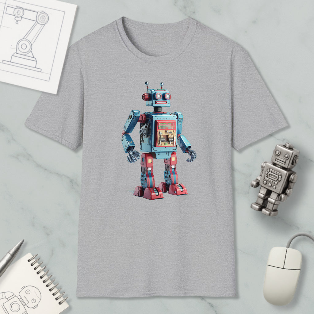 a gray t-shirt with a robot design, along with various objects such as a computer mouse, a notebook, and a pen.