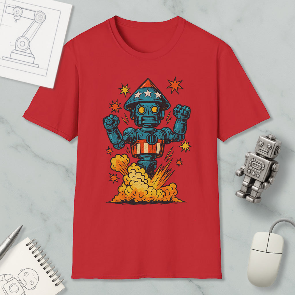 a red t-shirt with a colorful graphic of a robot, surrounded by various objects such as a computer mouse, a notebook, and a robot figurine.