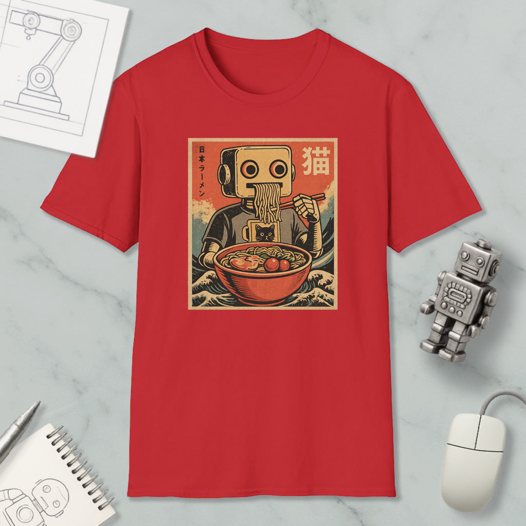 a red t-shirt with a graphic design depicting a robot eating noodles, surrounded by various objects such as a computer mouse, a notebook, and a robot figurine.
