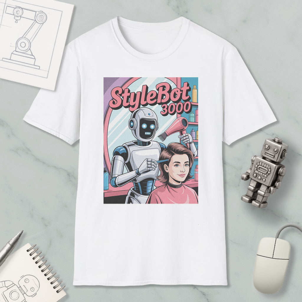 a white t-shirt with a graphic design depicting a robot hairdresser styling a woman's hair. The t-shirt is placed on a marble surface, surrounded by various objects such as a computer mouse, a notebook, and a toy robot.