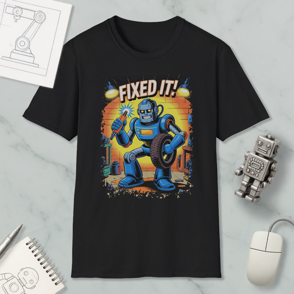 a black t-shirt with a colorful graphic design depicting a robot character holding a wrench and the text "FIXED IT!"