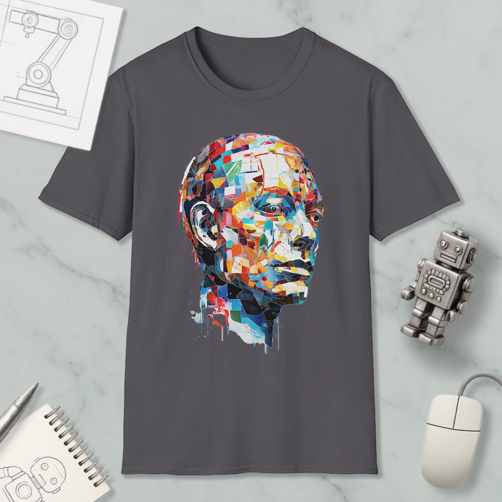 a gray t-shirt with a colorful, abstract portrait of a man's face printed on it, along with various objects such as a computer mouse, a robot, and a notebook.