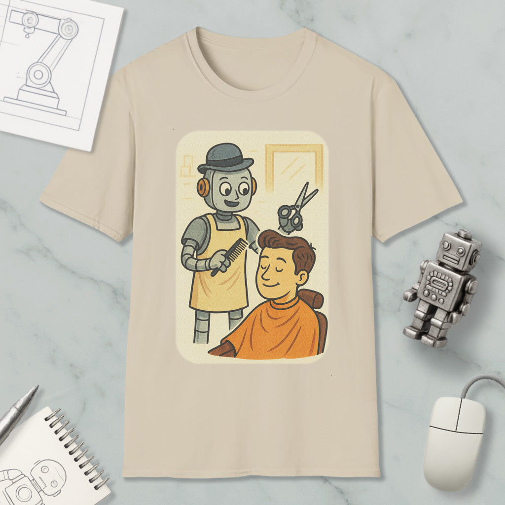a t-shirt with a cartoon illustration of a robot barber cutting a man's hair. The t-shirt is displayed on a marble surface, along with various objects such as a computer mouse, a notebook, and a robot toy.