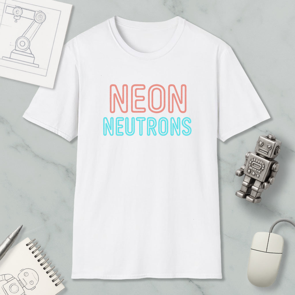 a white t-shirt with the text "NEON NEUTRONS" printed on it, along with a small robot and a computer mouse.