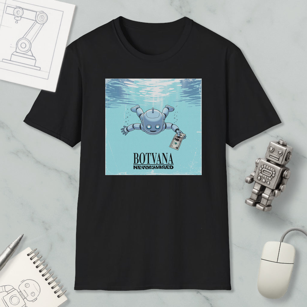 a black t-shirt with a graphic design depicting a robot swimming underwater, accompanied by the text "BOTYANA NARROW-MINDED".