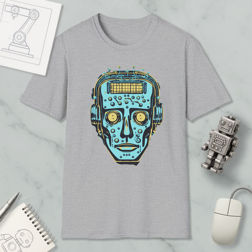 a gray t-shirt with a graphic design of a robot's face, surrounded by various objects such as a computer mouse, a pen, a notebook, and a robot toy.
