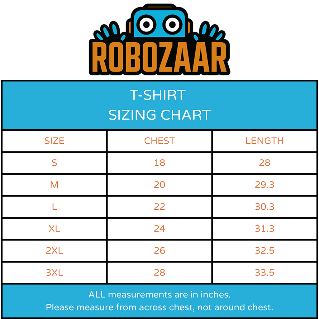The image is a T-shirt size chart with measurements for different sizes, including S, M, L, XL, and 3XL. The chart provides the corresponding chest and length measurements for each size. The text indicates that all measurements are in inches and should be taken from across the chest, not around it.