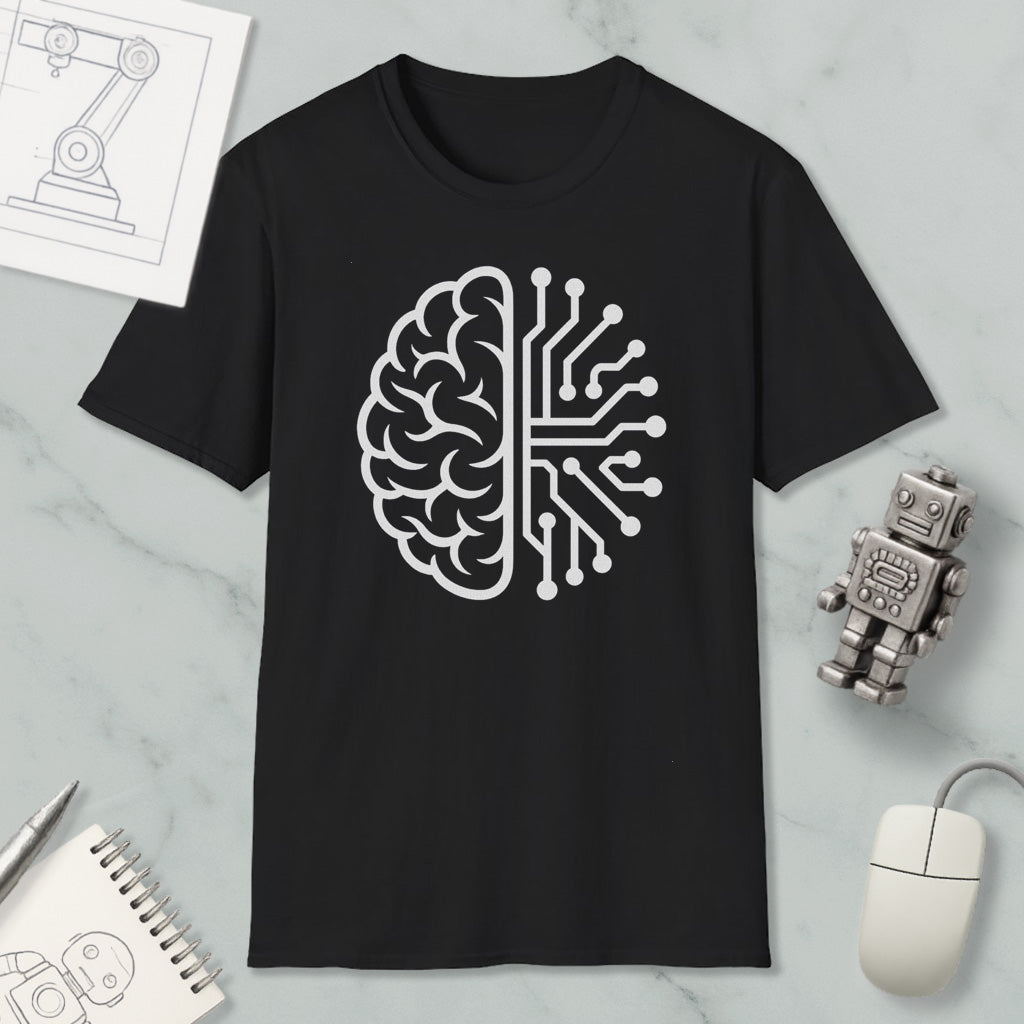 a black t-shirt with a white graphic design depicting a brain and a circuit board, along with various objects such as a robot, a mouse, and a notebook.