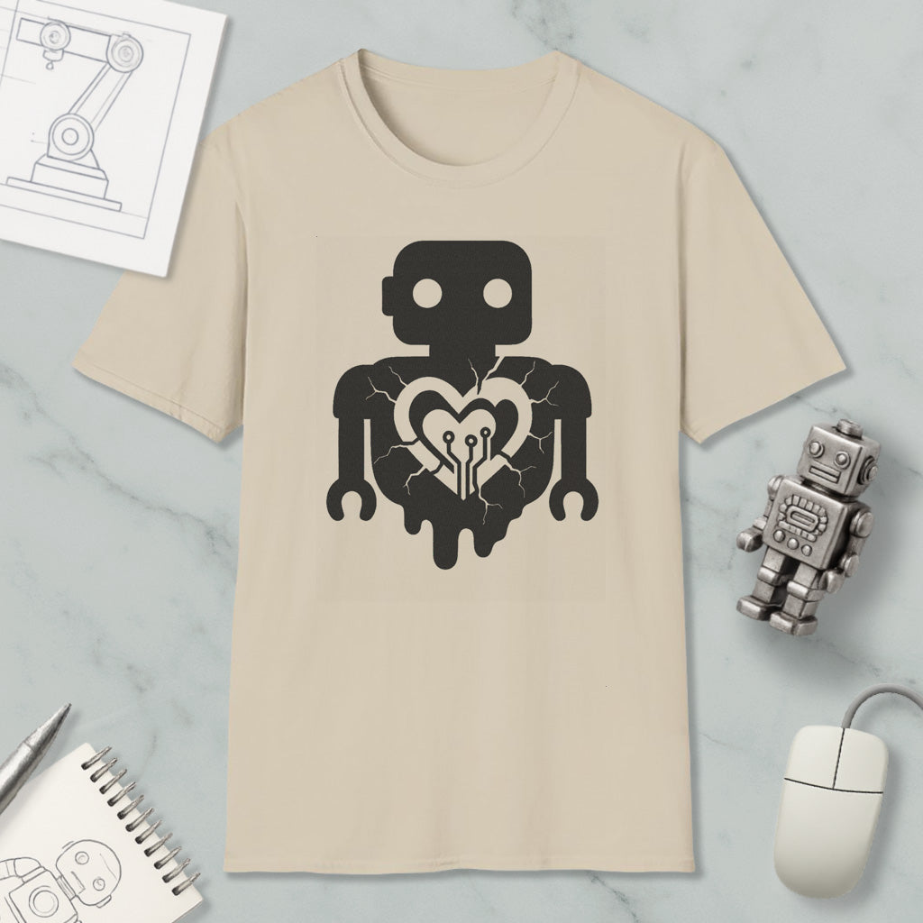 a beige t-shirt with a black graphic design depicting a robot with a heart symbol, surrounded by various objects such as a computer mouse, a notebook, and a small robot figurine.