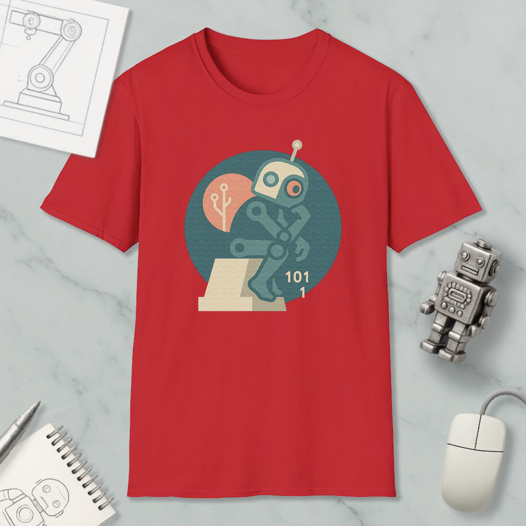 a red t-shirt with a graphic design of a robot, along with various objects such as a computer mouse, a notebook, and a pen.