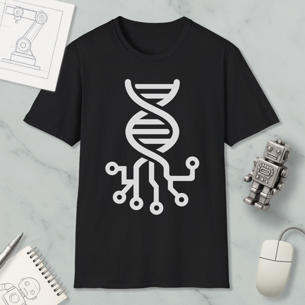 a black t-shirt with a white graphic design depicting a DNA double helix, along with various technological items such as a computer mouse, a robot, and a notebook.