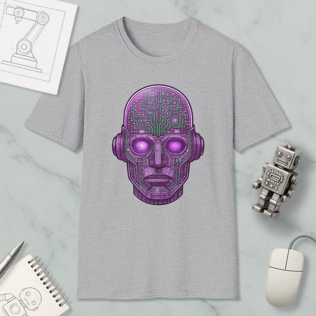 a gray t-shirt with a purple robot head design, along with various objects such as a computer mouse, a notebook, and a robot figurine.