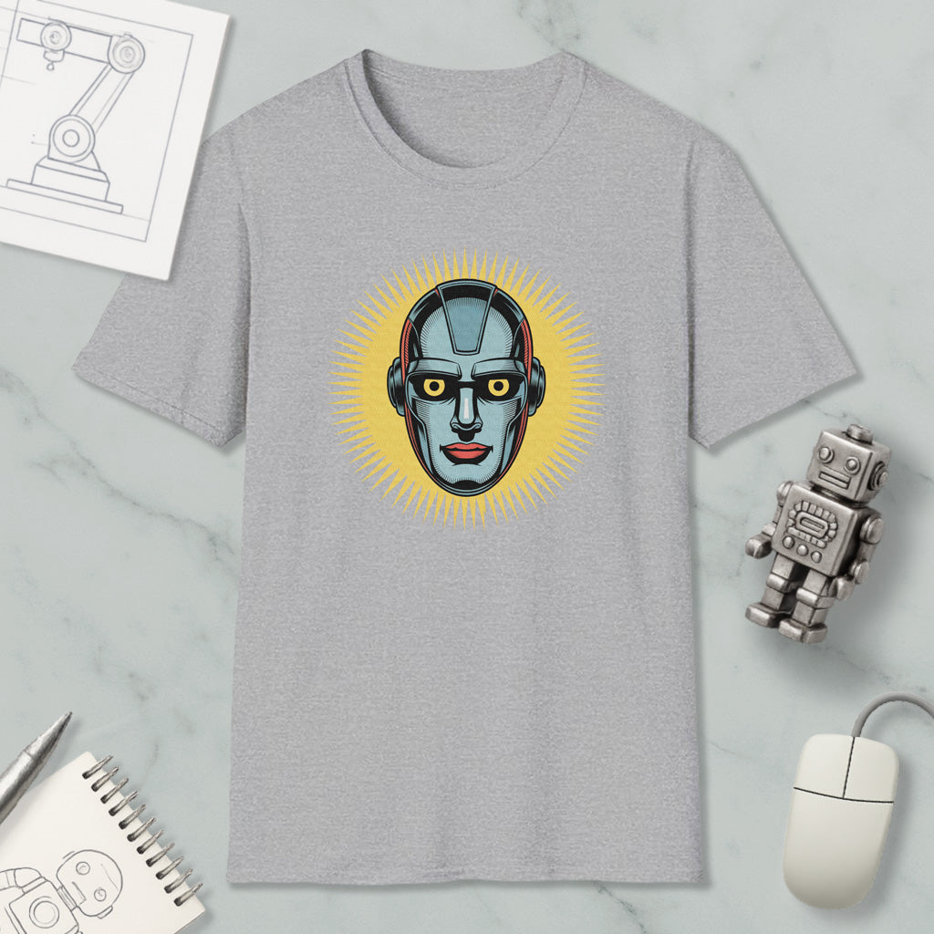 a gray t-shirt with a graphic design of a robot's face, surrounded by various objects such as a computer mouse, a notebook, and a pen.