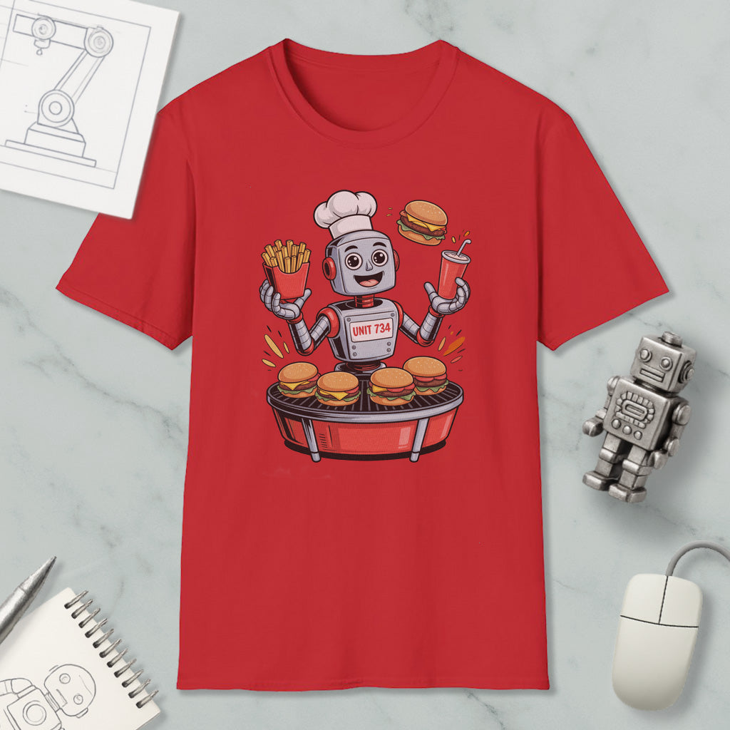 a red t-shirt with a cartoon robot chef preparing hamburgers and french fries. The t-shirt is displayed on a marble surface, along with a computer mouse, a pen, and a notebook.