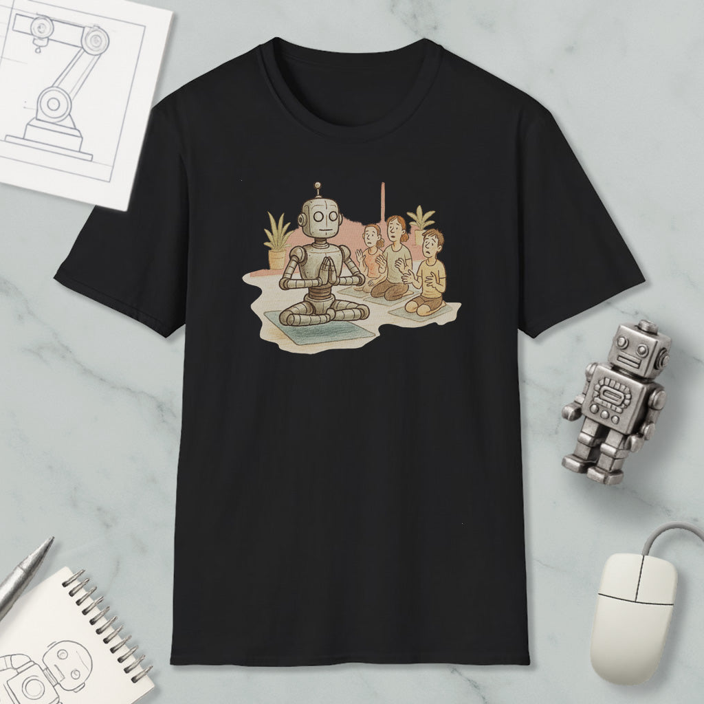 a black t-shirt with a cartoon illustration of a robot sitting on a rock, surrounded by three small figures, likely representing humans. The t-shirt is displayed on a marble surface, along with a computer mouse, a notepad, and a small robot figurine.