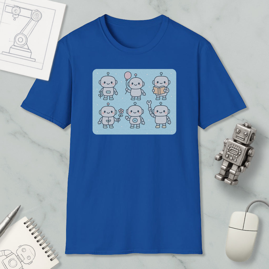 a blue t-shirt with a graphic design of six cartoon robots, along with a computer mouse, a spiral notebook, and a small robot figurine.