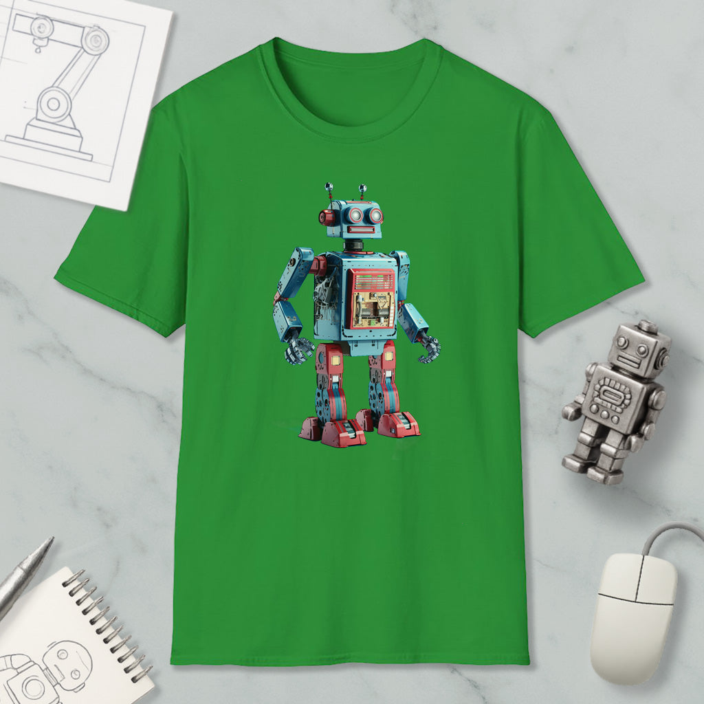 a green t-shirt with a robot design, along with a computer mouse, a notebook, and a pen on a marble surface.