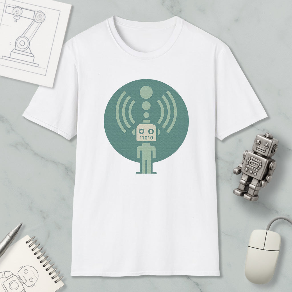 a white t-shirt with a graphic design of a robot, along with various objects such as a computer mouse, a notebook, and a pen.
